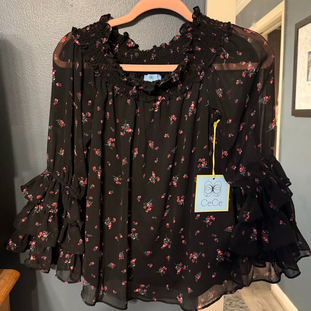 NWT CeCe Black and Pink Floral Blouse size small